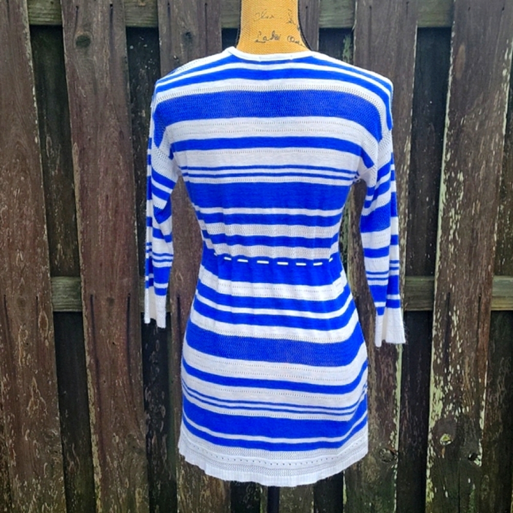 Motherhood Maternity Striped  Babydoll Pointelle Sweater with Drawstring Tie - Picture 6 of 17